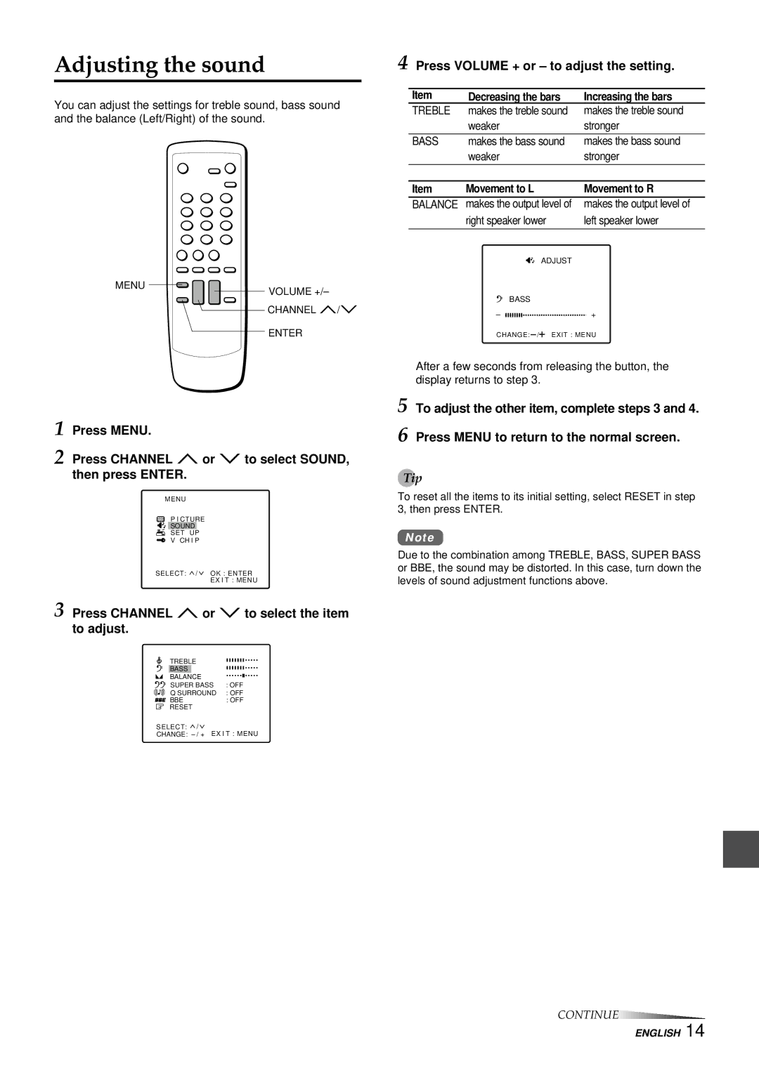 Aiwa TV-F2000u, TV-F2400u, TV-F2400u, TV-F2000u Adjusting the sound, Press Channel N or M to select the item to adjust 