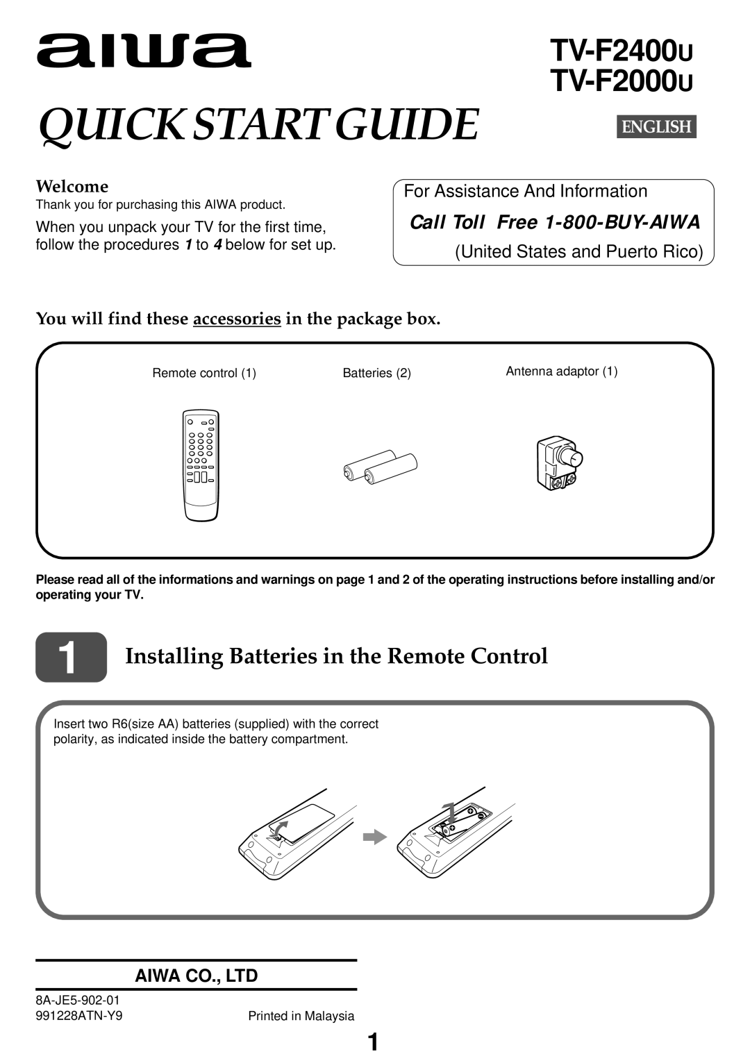 Aiwa TV-F2400u, TV-F2000u, TV-F2000u, TV-F2400u manual Installing Batteries in the Remote Control, Welcome 