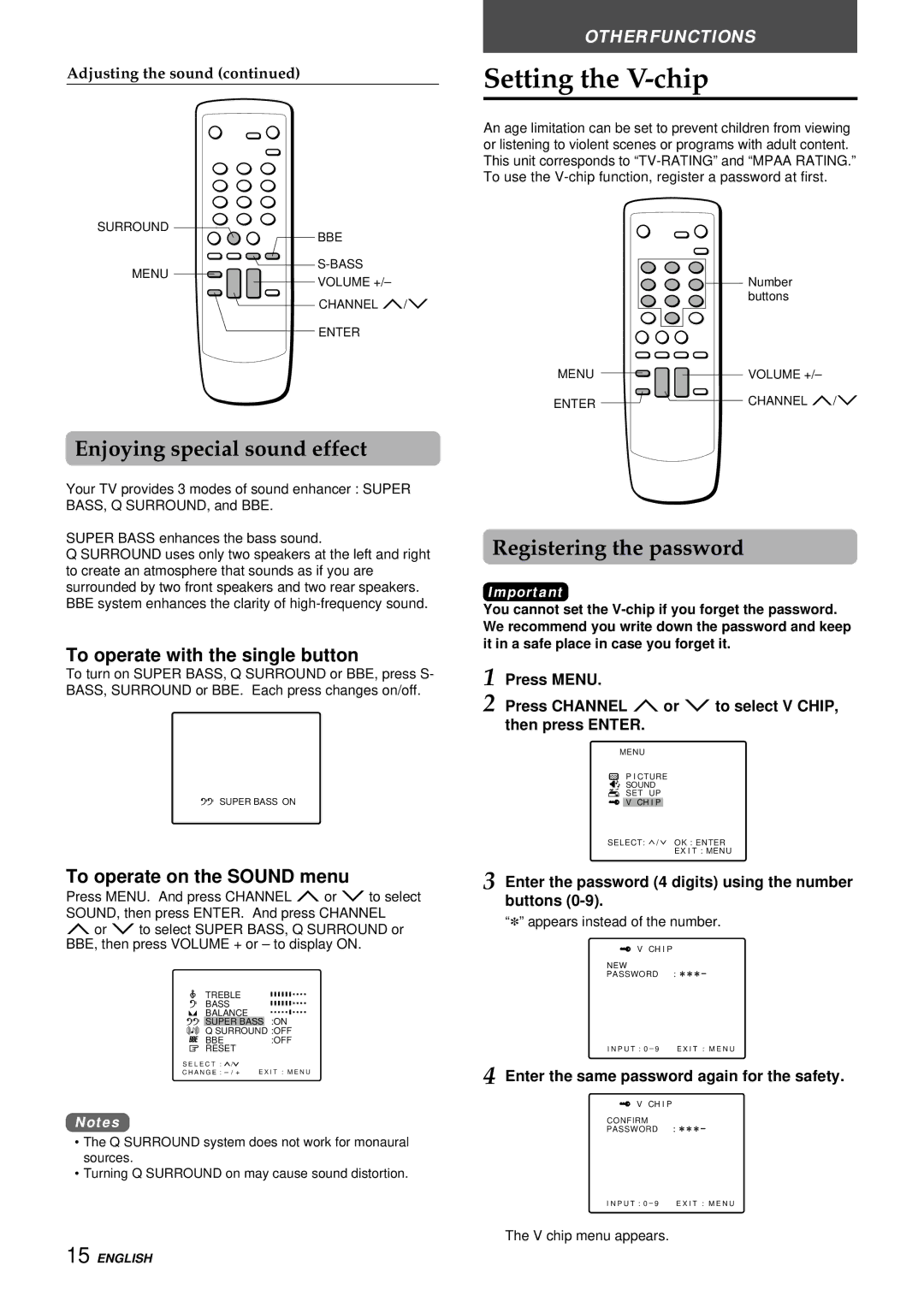 Aiwa TV-F2400u, TV-F2000u manual Setting the V-chip, Enjoying special sound effect, Registering the password 