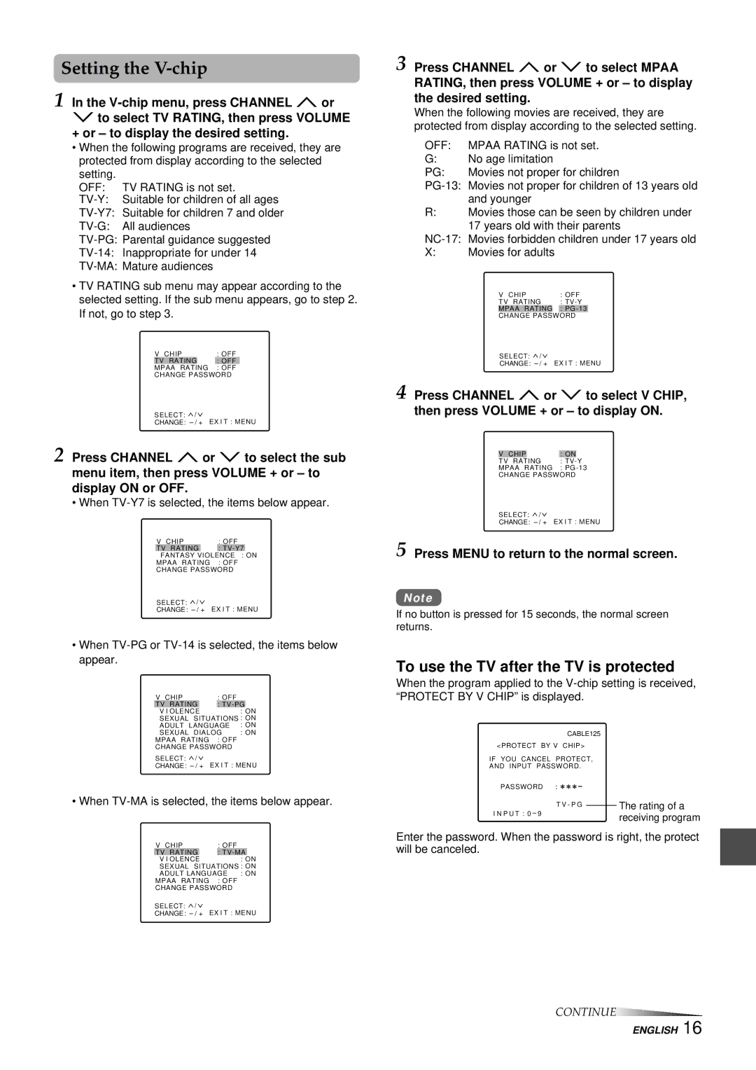 Aiwa TV-F2000u, TV-F2400u, TV-F2400u, TV-F2000u manual Setting the V-chip, To use the TV after the TV is protected 