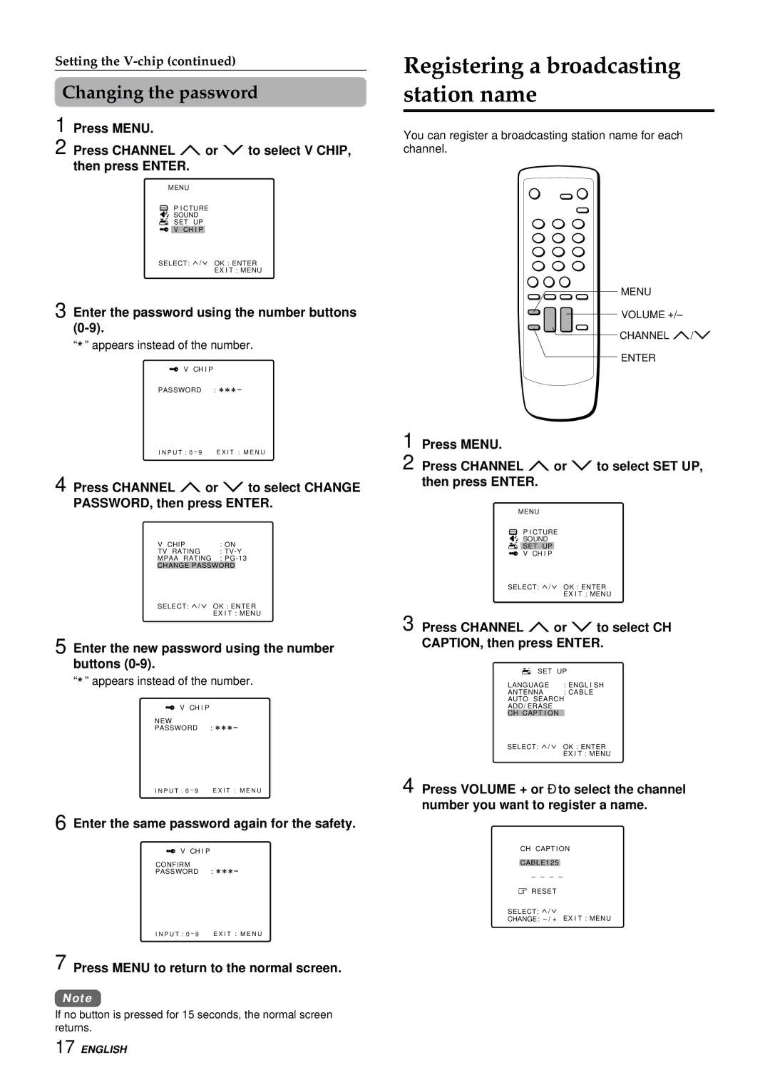 Aiwa TV-F2400u, TV-F2000u, TV-F2000u, TV-F2400u manual Registering a broadcasting station name, Changing the password 