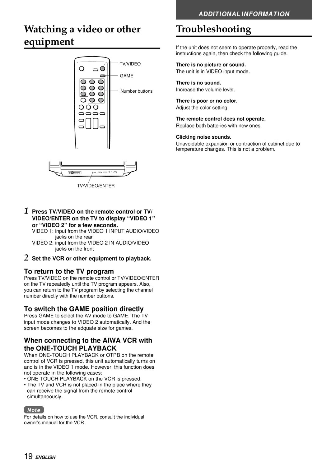 Aiwa TV-F2400u, TV-F2000u manual Watching a video or other equipment, Troubleshooting, To return to the TV program 