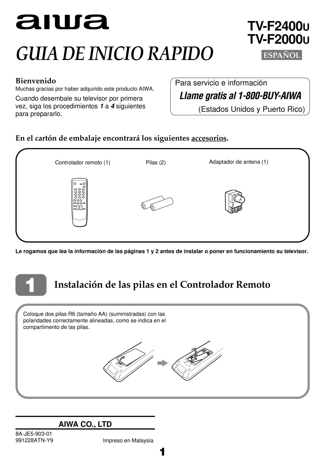 Aiwa TV-F2000u, TV-F2400u, TV-F2400u, TV-F2000u manual Instalación de las pilas en el Controlador Remoto, Bienvenido 