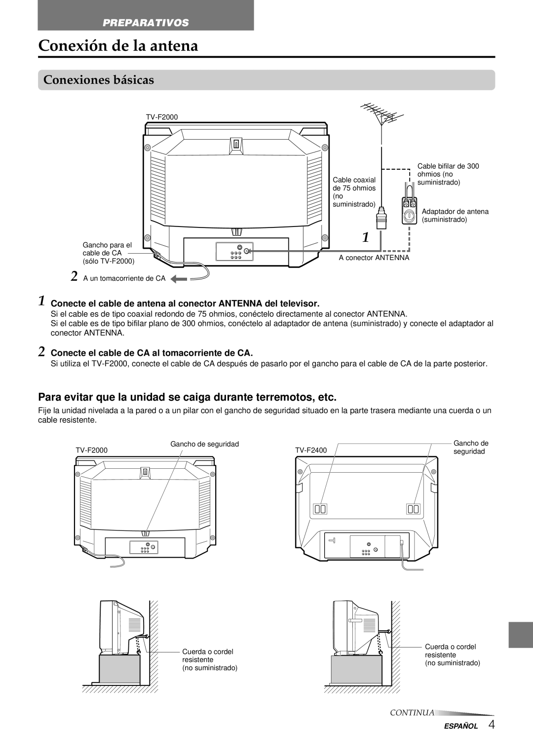 Aiwa TV-F2400u, TV-F2000u manual Conexión de la antena, Para evitar que la unidad se caiga durante terremotos, etc 