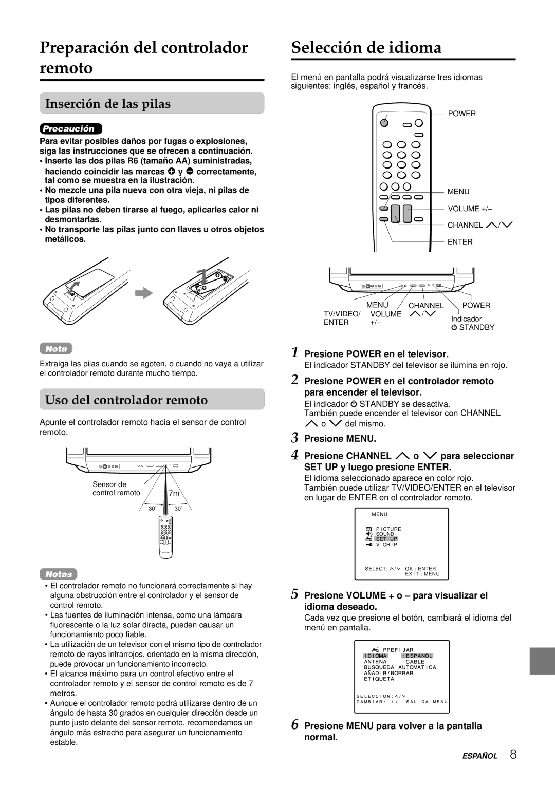 Aiwa TV-F2400u, TV-F2000u manual Preparación del controlador remoto, Inserción de las pilas, Uso del controlador remoto 