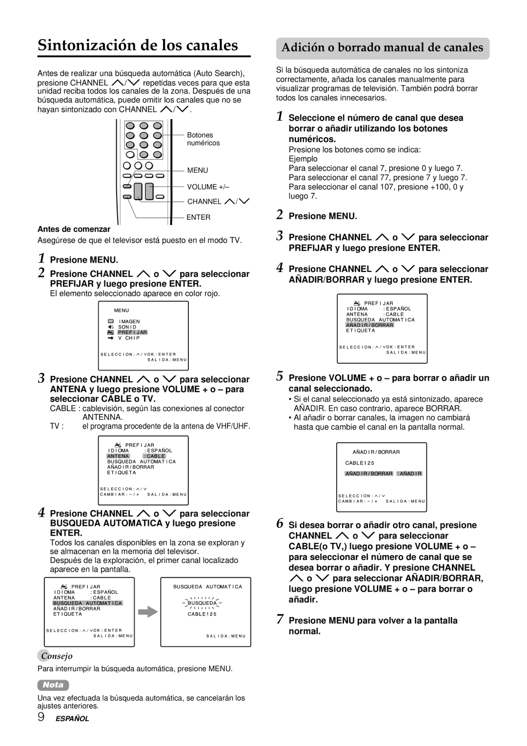 Aiwa TV-F2000u, TV-F2400u, TV-F2400u, TV-F2000u Adición o borrado manual de canales, Antes de comenzar 