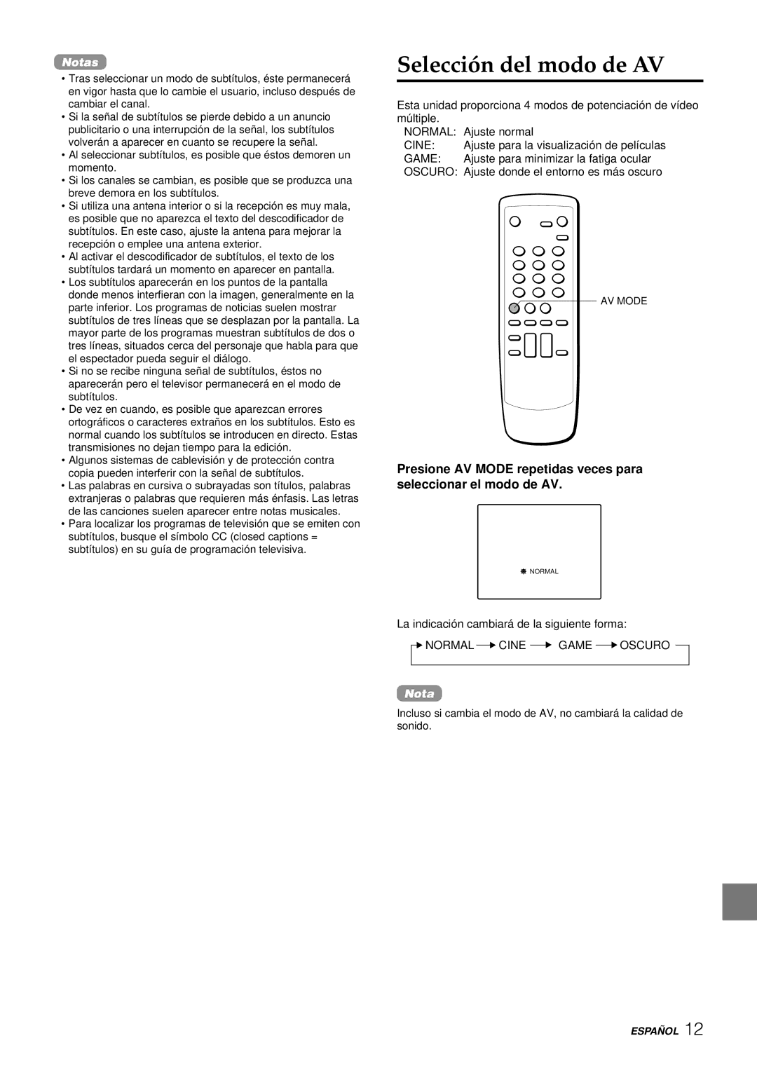 Aiwa TV-F2400u, TV-F2000u, TV-F2000u, TV-F2400u manual Selección del modo de AV 