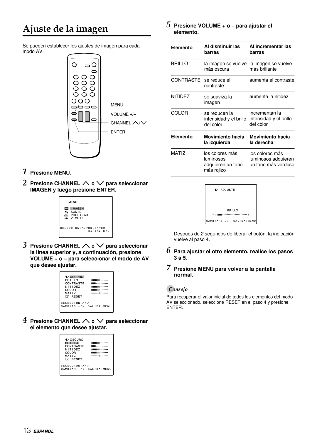 Aiwa TV-F2000u, TV-F2400u, TV-F2400u, TV-F2000u Ajuste de la imagen, Elemento Al disminuir las Al incrementar las Barras 