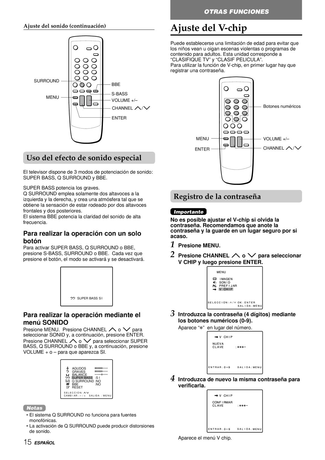 Aiwa TV-F2000u, TV-F2400u manual Ajuste del V-chip, Uso del efecto de sonido especial, Registro de la contraseña 