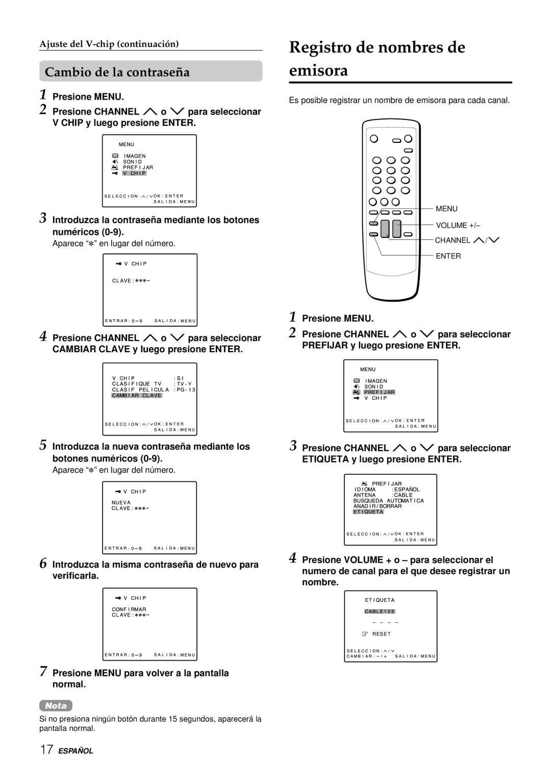 Aiwa TV-F2000u, TV-F2400u, TV-F2400u, TV-F2000u manual Registro de nombres de emisora, Cambio de la contraseña 