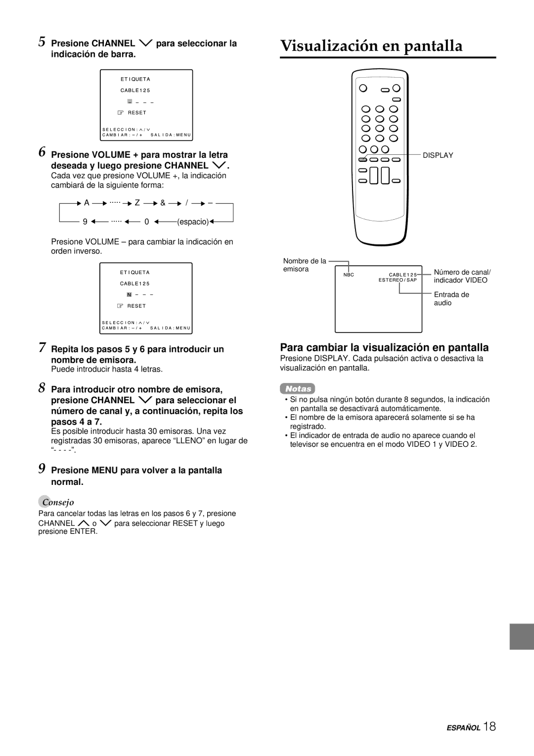 Aiwa TV-F2400u, TV-F2000u, TV-F2000u, TV-F2400u manual Visualización en pantalla, Para cambiar la visualizació n en pantalla 