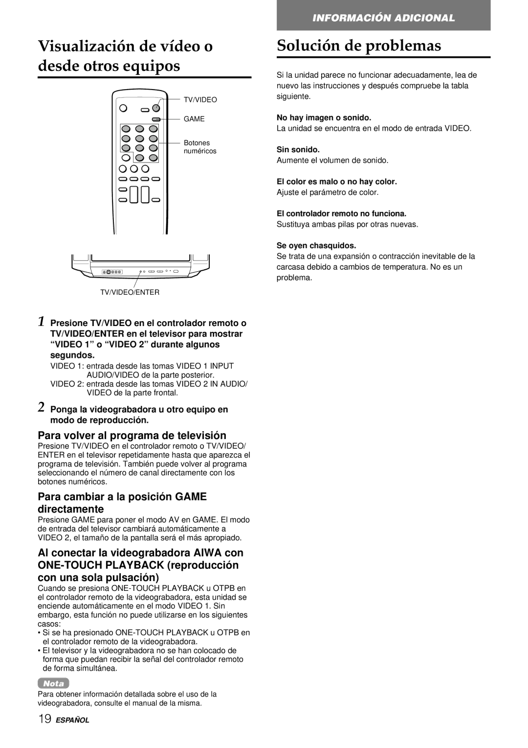 Aiwa TV-F2000u, TV-F2400u, TV-F2400u, TV-F2000u manual Visualización de vídeo o desde otros equipos, Solución de problemas 