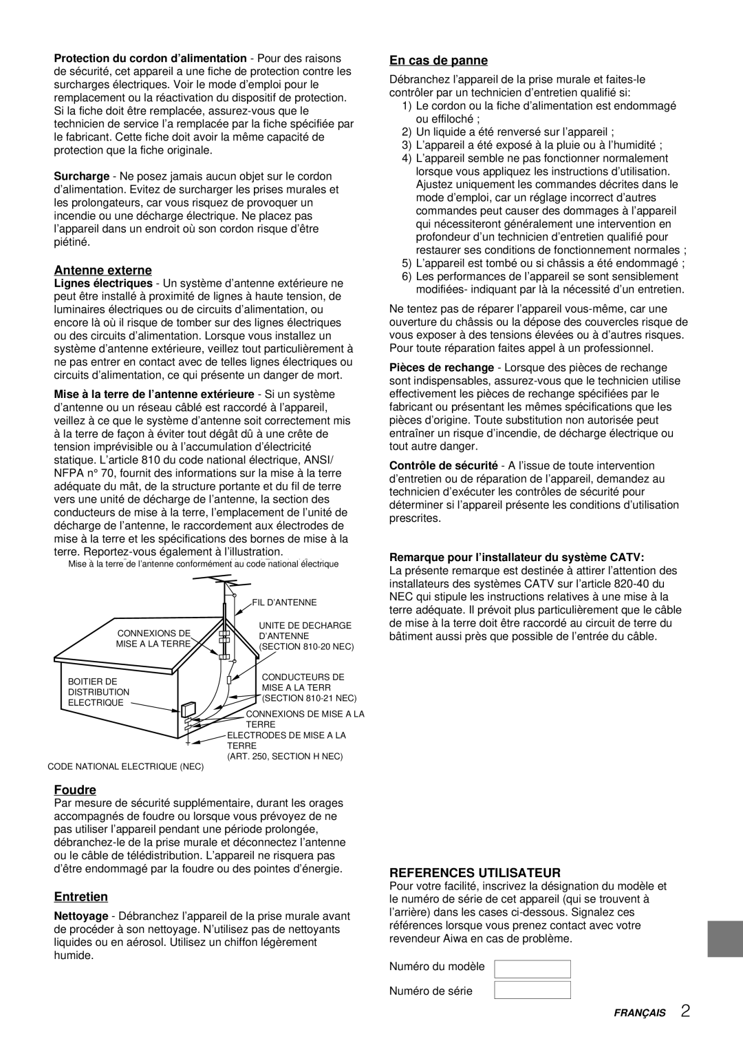 Aiwa TV-F2400u, TV-F2000u, TV-F2000u, TV-F2400u manual Antenne externe, Foudre, Entretien, En cas de panne 