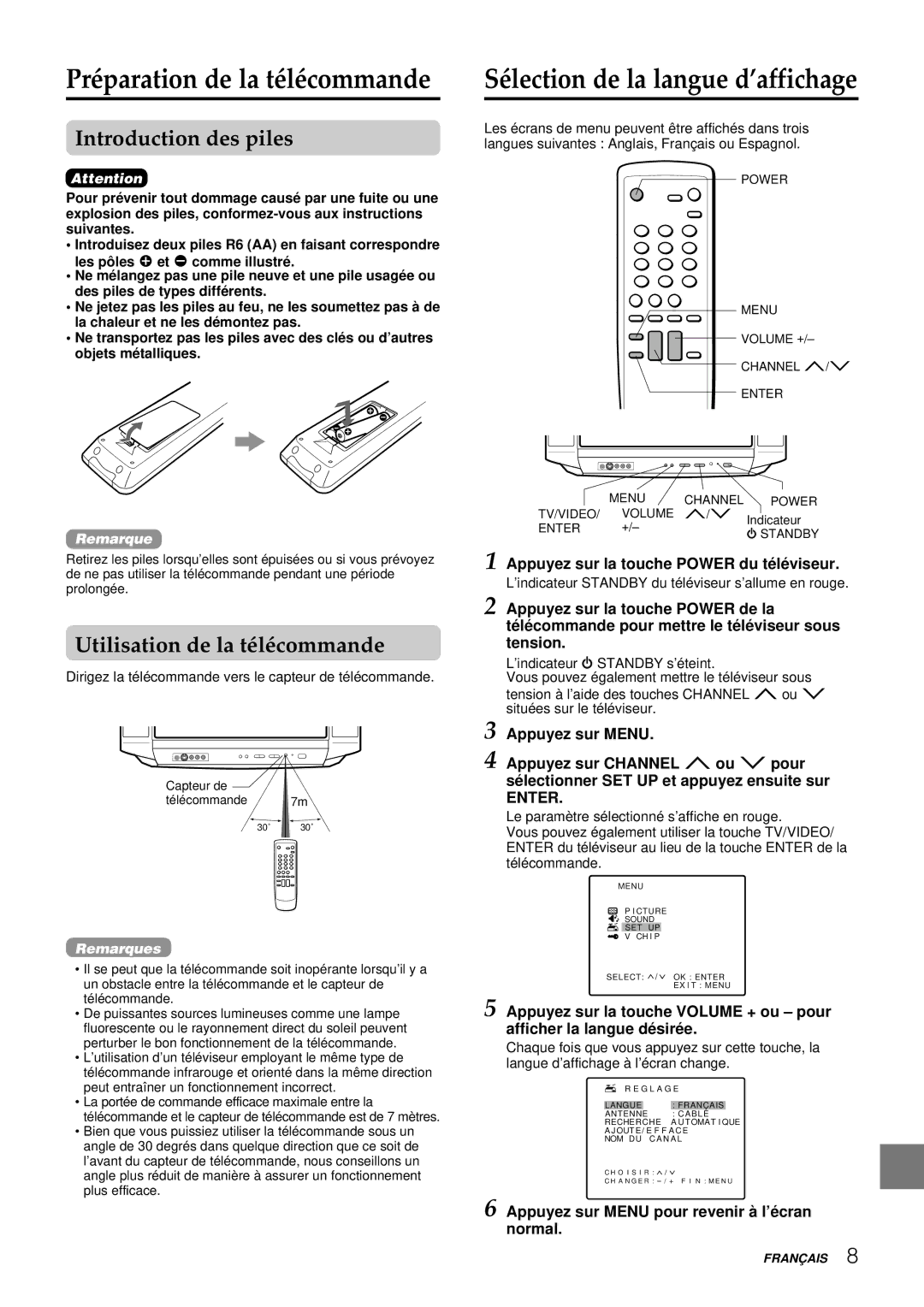 Aiwa TV-F2400u, TV-F2000u manual Préparation de la télécommande, Introduction des piles, Utilisation de la télécommande 