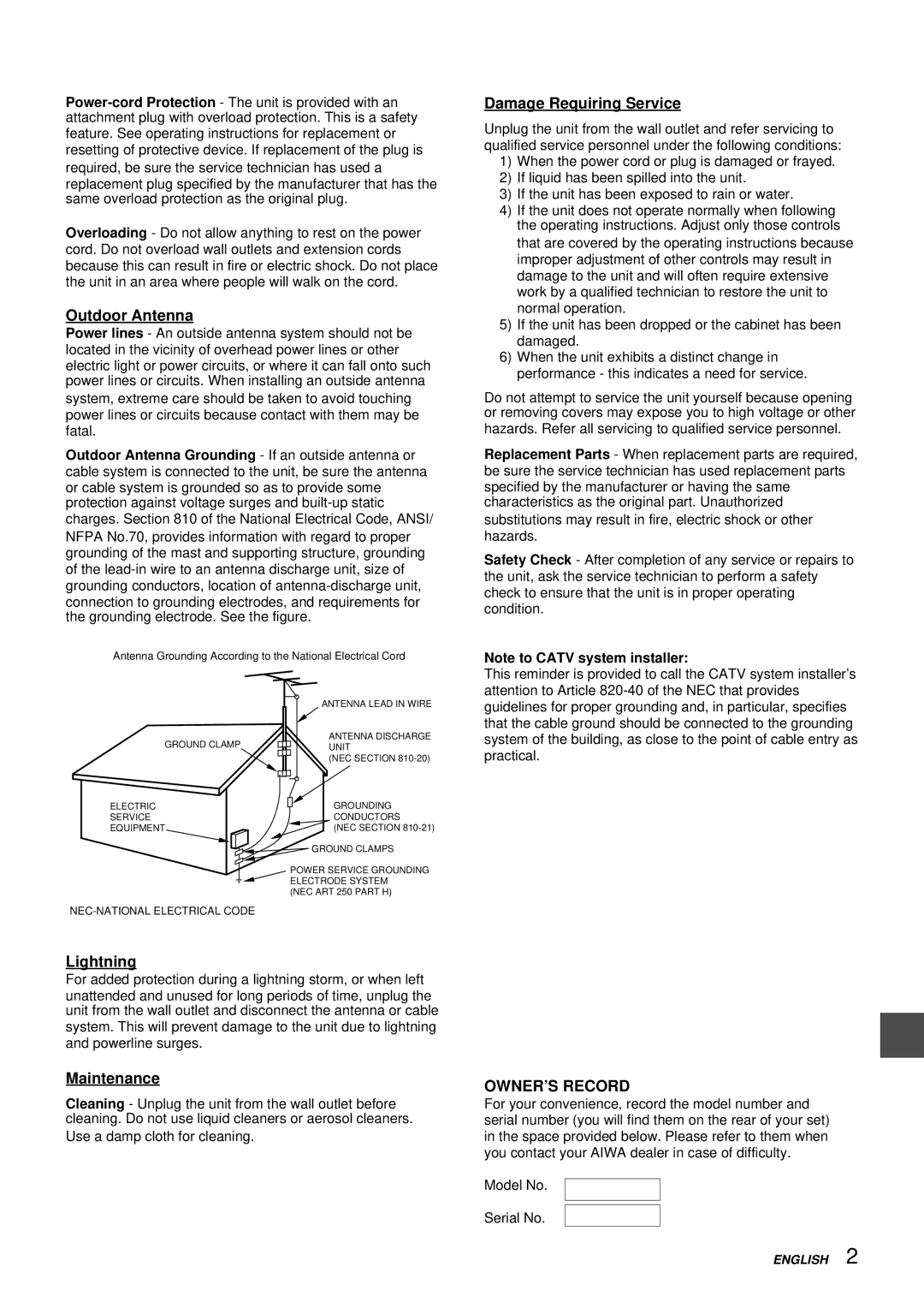 Aiwa TV-F2000u, TV-F2400u, TV-F2400u, TV-F2000u manual Outdoor Antenna, Lightning, Maintenance, Damage Requiring Service 