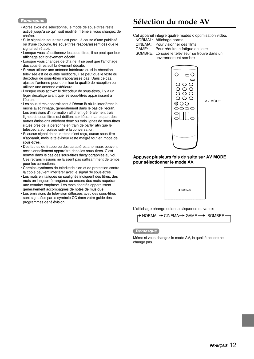 Aiwa TV-F2400u, TV-F2000u, TV-F2000u, TV-F2400u manual Sélection du mode AV 