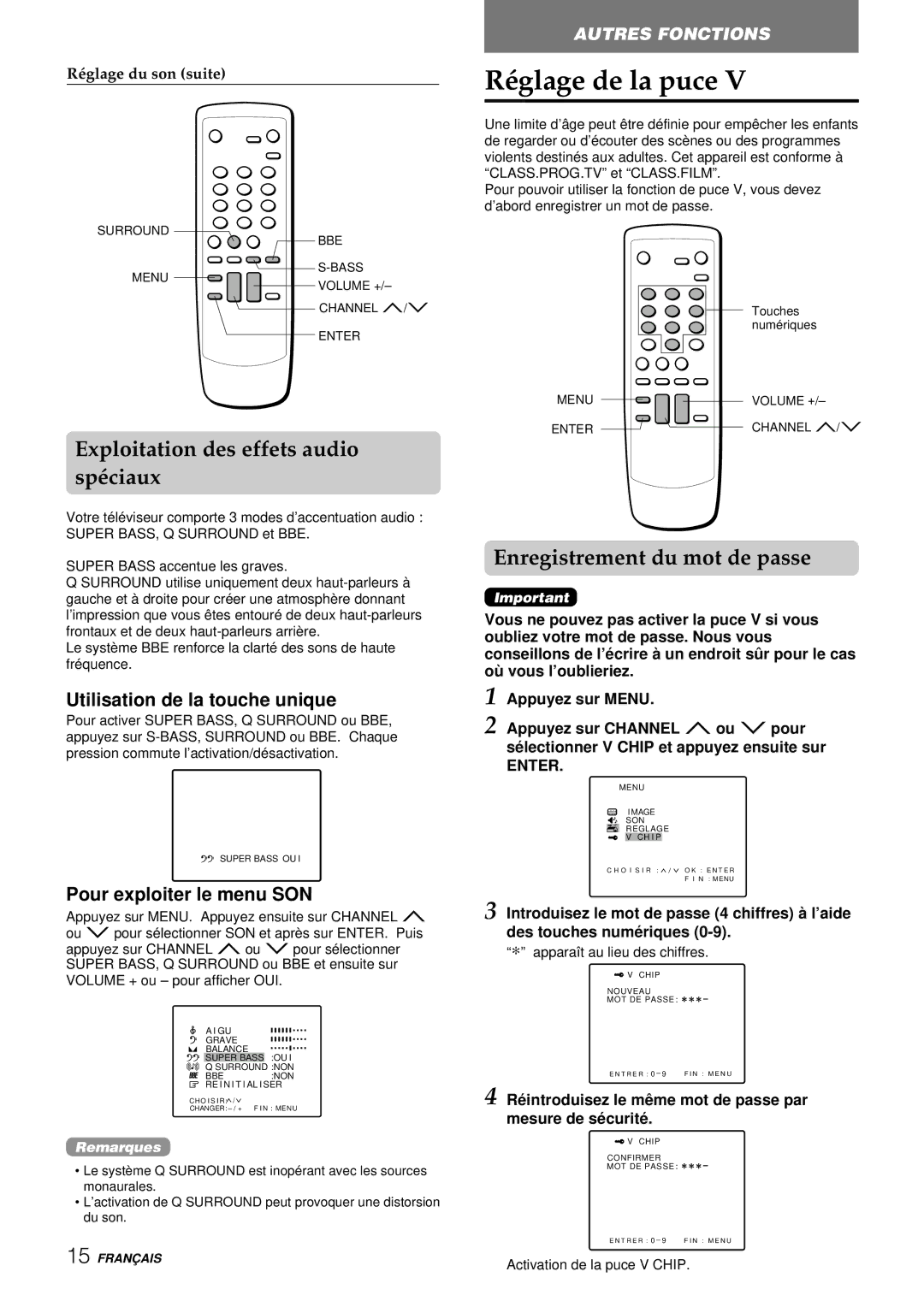 Aiwa TV-F2000u, TV-F2400u manual Réglage de la puce, Exploitation des effets audio spéciaux, Enregistrement du mot de passe 