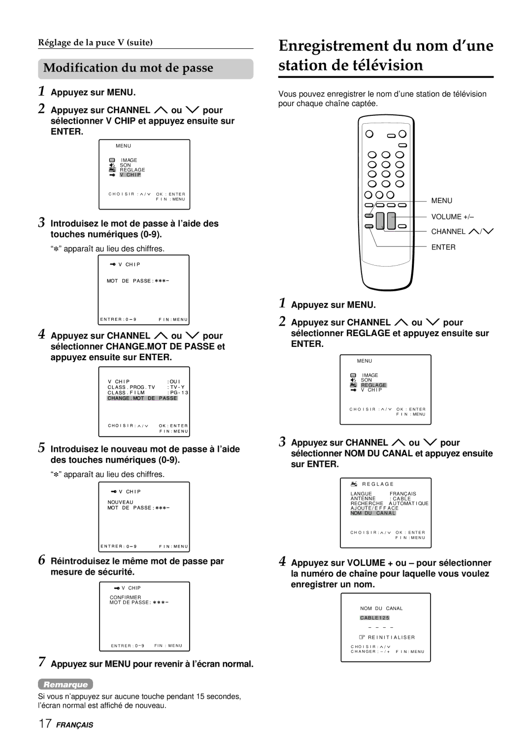 Aiwa TV-F2000u, TV-F2400u manual Enregistrement du nom d’une station de télévision, Modification du mot de passe 