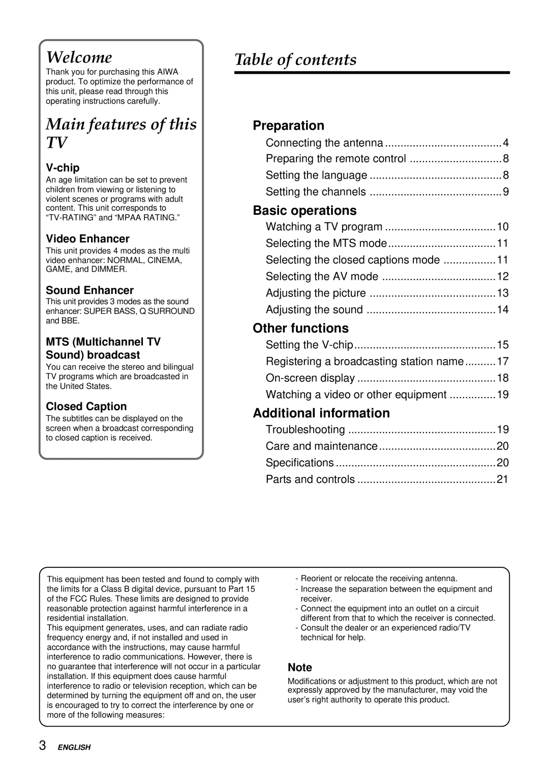 Aiwa TV-F2400u, TV-F2000u, TV-F2000u, TV-F2400u manual Welcome Table of contents 