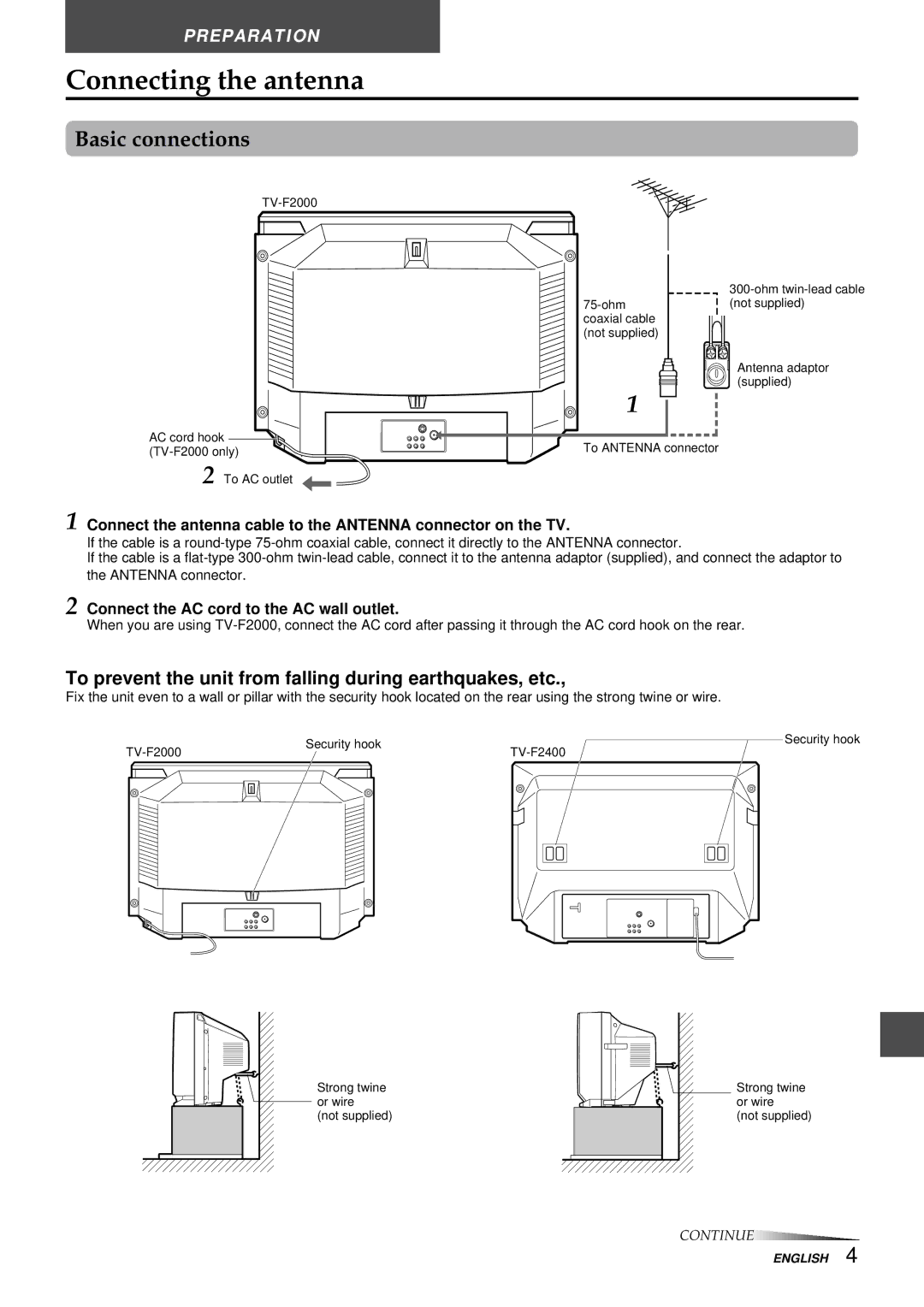 Aiwa TV-F2000u, TV-F2400u manual Connecting the antenna, To prevent the unit from falling during earthquakes, etc 