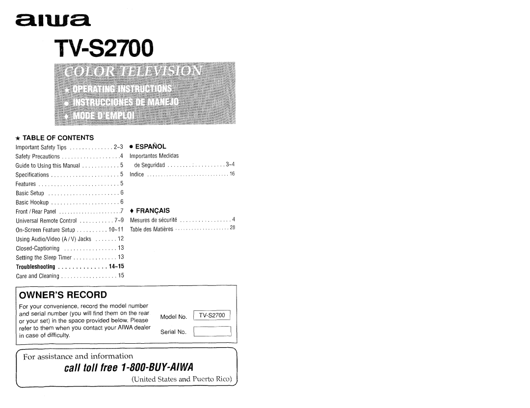 Aiwa TV-S2700 manual OWNER’S Record, + Table Contents, @ Espanol, Ofran~Ais, Troubleshooting 14-15 