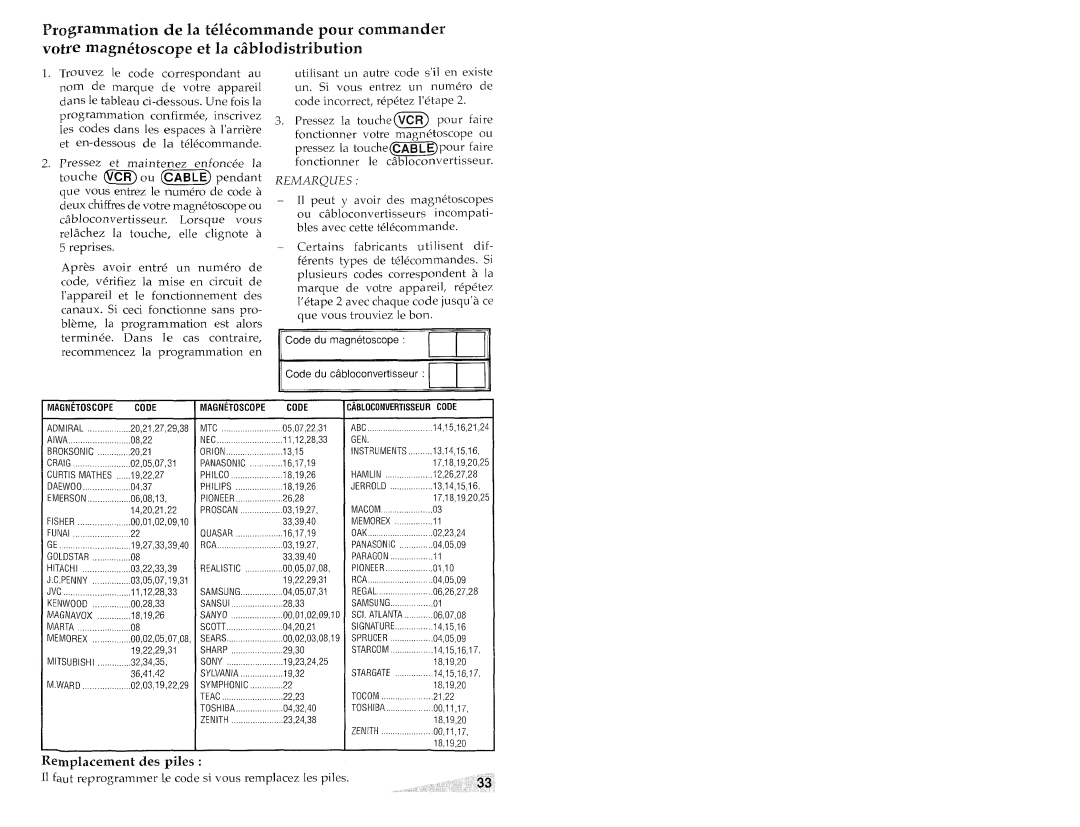 Aiwa TV-S2700 manual Votre rnagn&oscope, Replacement ctes piles, Magnetoscope Code Magnetoscope Cooe 