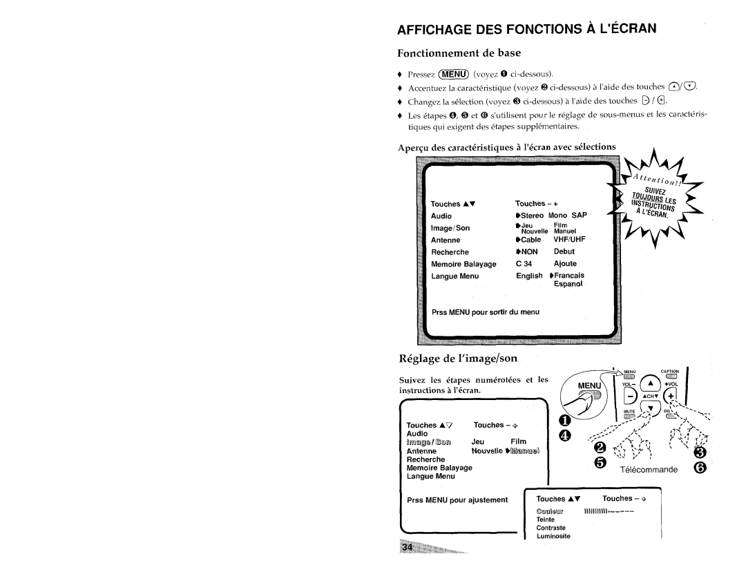 Aiwa TV-S2700 manual Affichage DES Fonctions a L’ECRAN, Fonctionnement de base, R6glage de l’image/son 