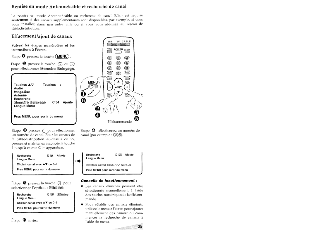 Aiwa TV-S2700 manual Effacement/ajout de canaux, Suivez les @tapes num&ot6es et Ies Instructions b l’6cran 