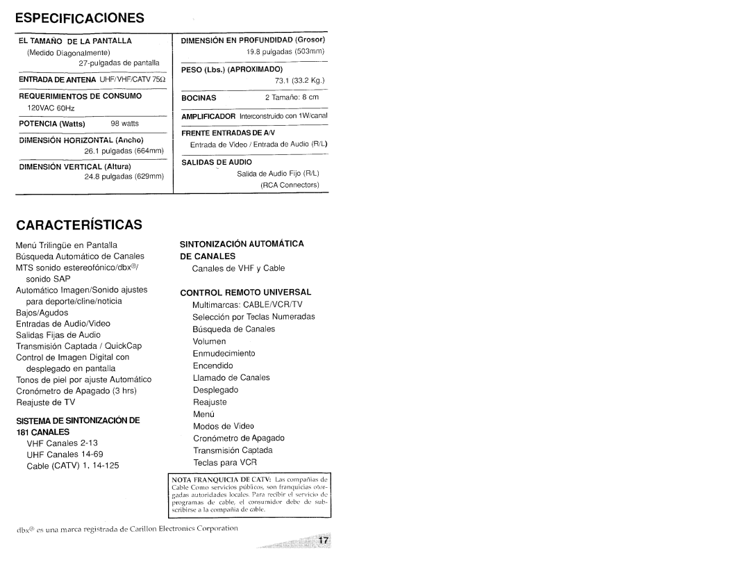Aiwa TV-S2700 manual Especificackines, Caracteristicas, SISTEMA DE SINTONIZACION DE 181 CANALES, Sintonizac!On Automatica 