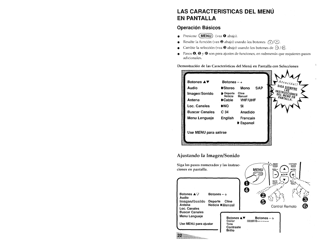 Aiwa TV-S2700 manual Las Caracteristicas Del Menu En Pantalla, Operation Basicos, Ajustando la Imagen/Sonido, Tinte 
