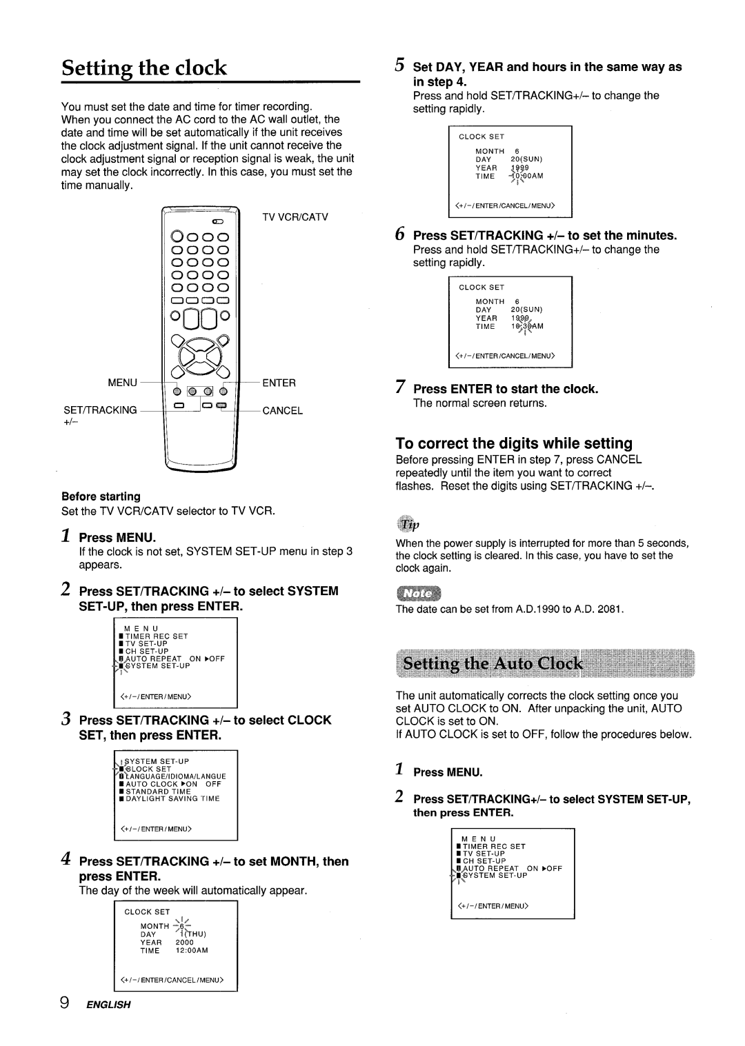 Aiwa VX-S135U, VX-S205U manual Setting the clock, To correct the digits while setting 