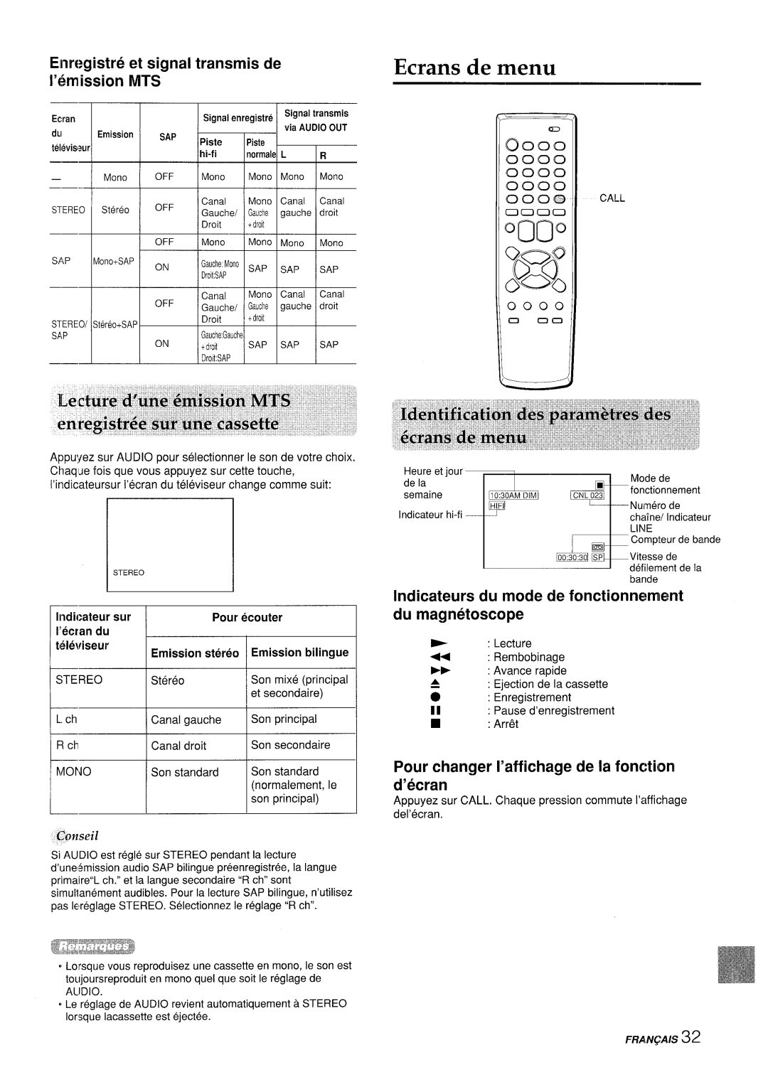 Aiwa VX-S205U, VX-S135U manual Ecrans de menu, Emwgistre et signal transmis de l’~missi~n MTS 