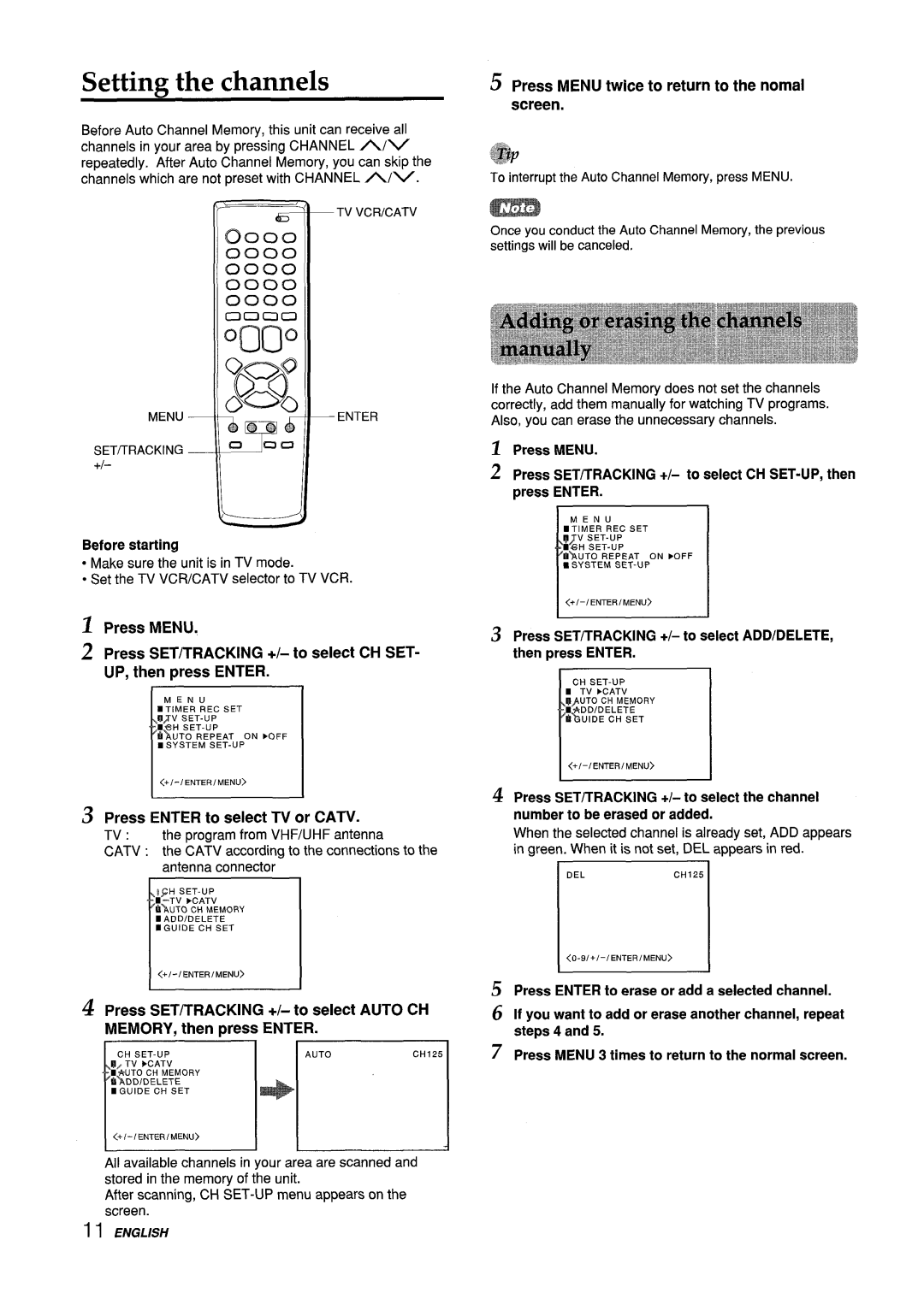 Aiwa VX-S135U manual Setting the channels, Press Enter to select TV or Catv, Press Menu twice to return to the nomal screen 