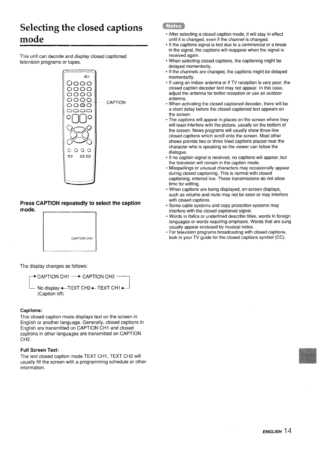 Aiwa VX-S205U, VX-S135U Lectimz the closed cantions Mode, Pres Caption repeatedly to select the caption modem, Captions 