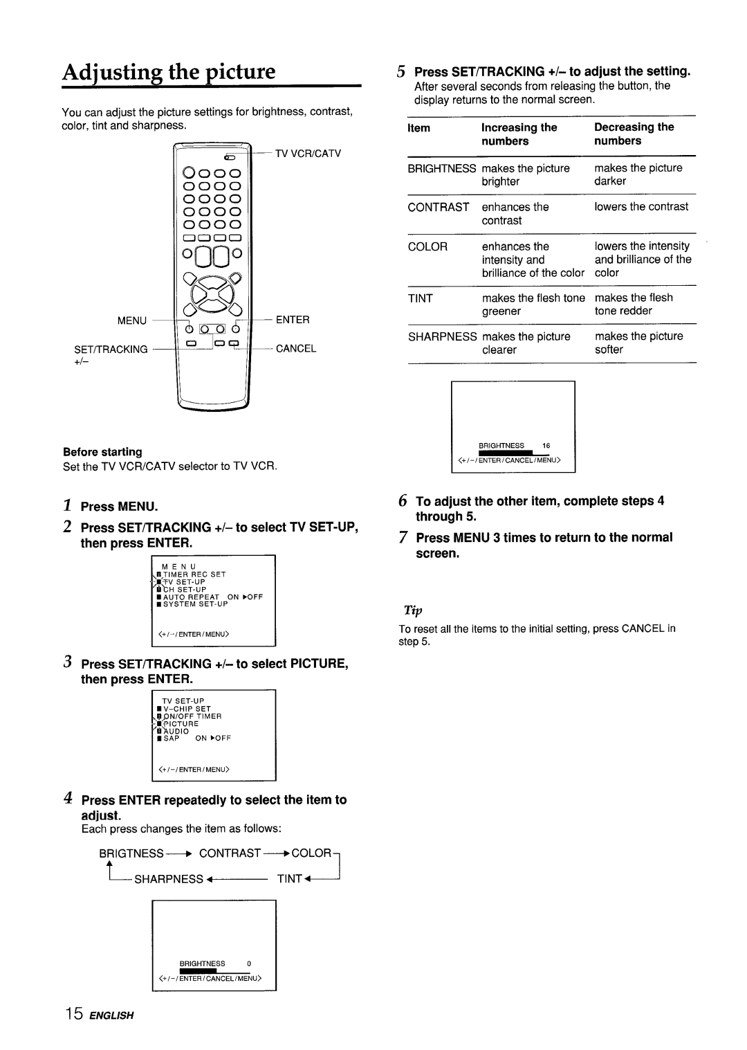 Aiwa VX-S135U manual Adjusting the picture, Press SET/TRACKING +/- to select PICTURE, then press Enter, Decreasing Numbers 