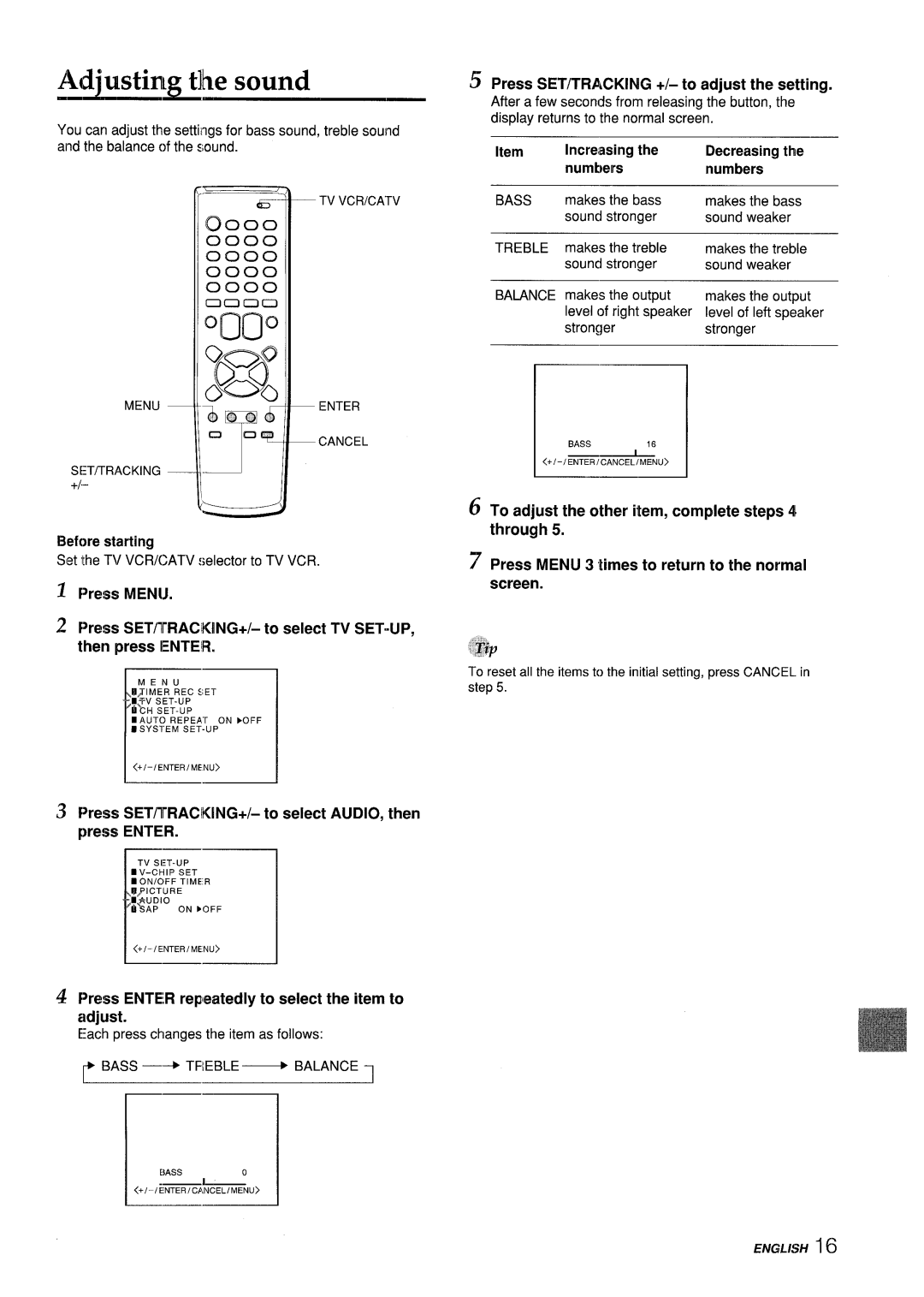 Aiwa VX-S205U, VX-S135U Adjusting tlhe sound, Fres~ sET/lrRAcl~~NG+/ to select AUDIO, then press Enter, T3efore starting 