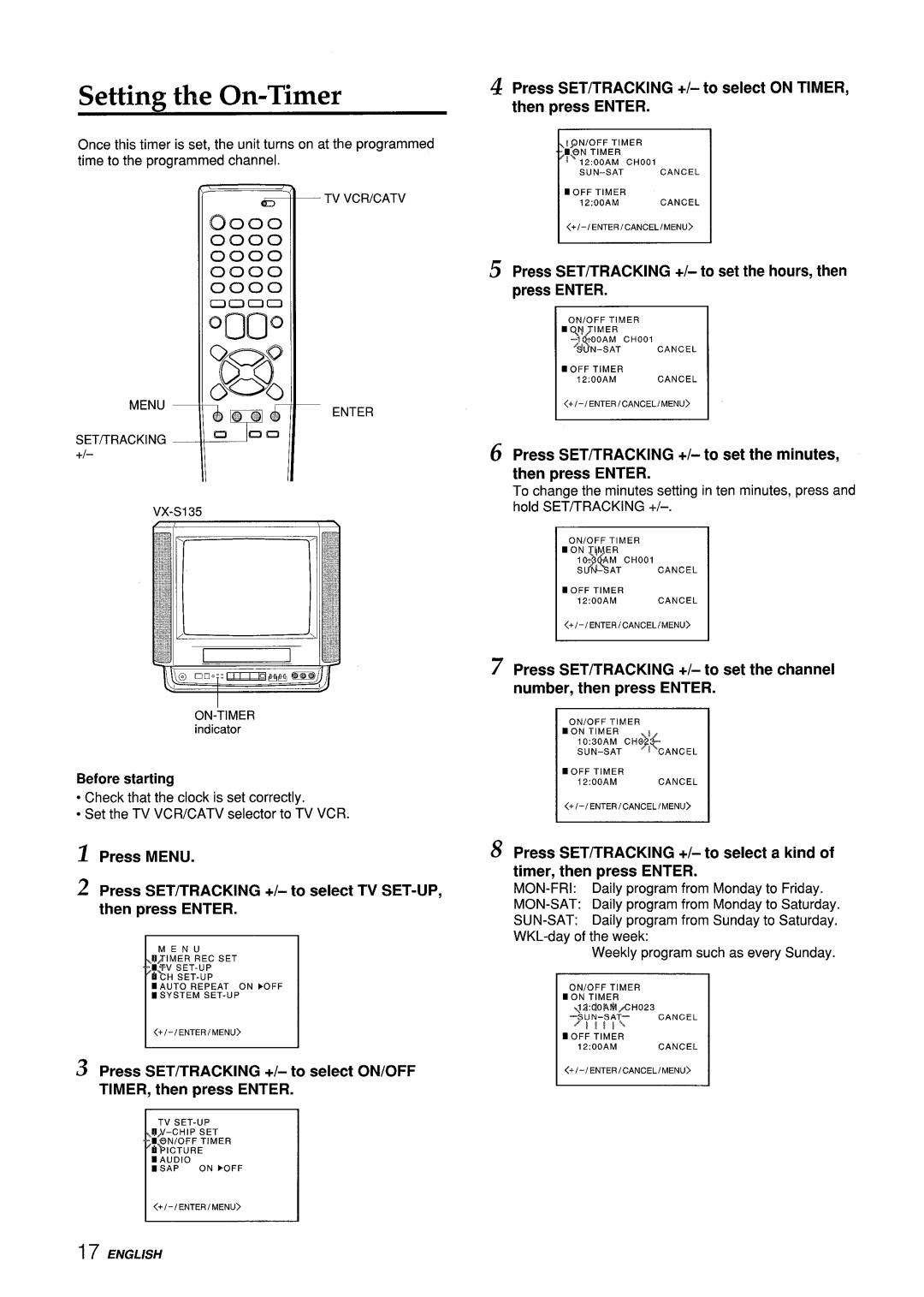 Aiwa VX-S135U, VX-S205U manual Setting the On-Timer, Press SET/TRACKING +/- to select on TIMER, then press Enter 