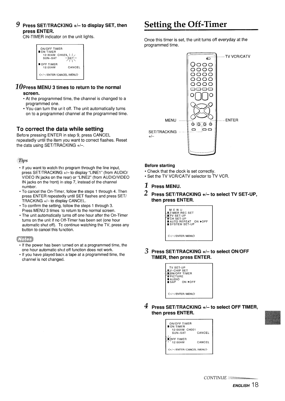 Aiwa VX-S205U, VX-S135U manual Setting the Off-Timer, To correct the data while setting, Set~Racking 