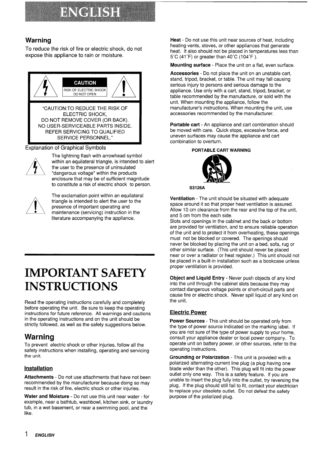 Aiwa VX-S135U, VX-S205U manual Installation, Portable Cart Warning, Electric Power 