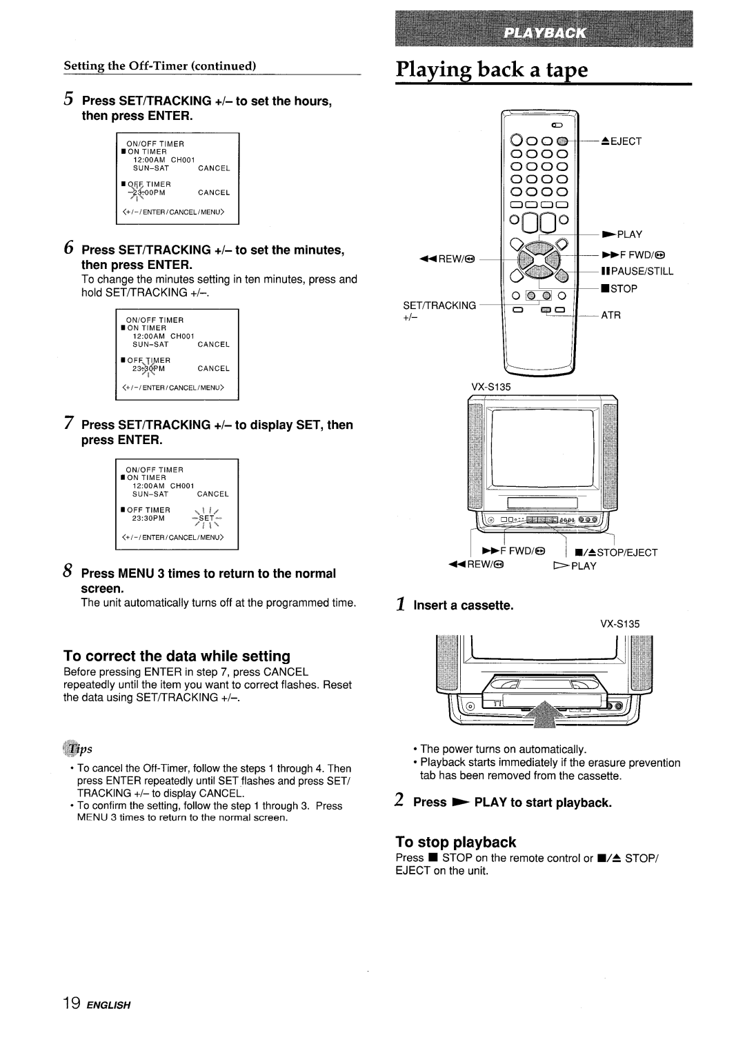 Aiwa VX-S135U, VX-S205U manual Plavimz back a ta~e, To stop playback 