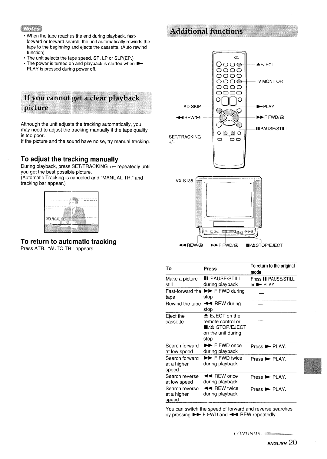 Aiwa VX-S205U, VX-S135U ‘To adjust the tracking manually, OCcci?, FiEwl@, OEqlo, To return to autamatic tracking 