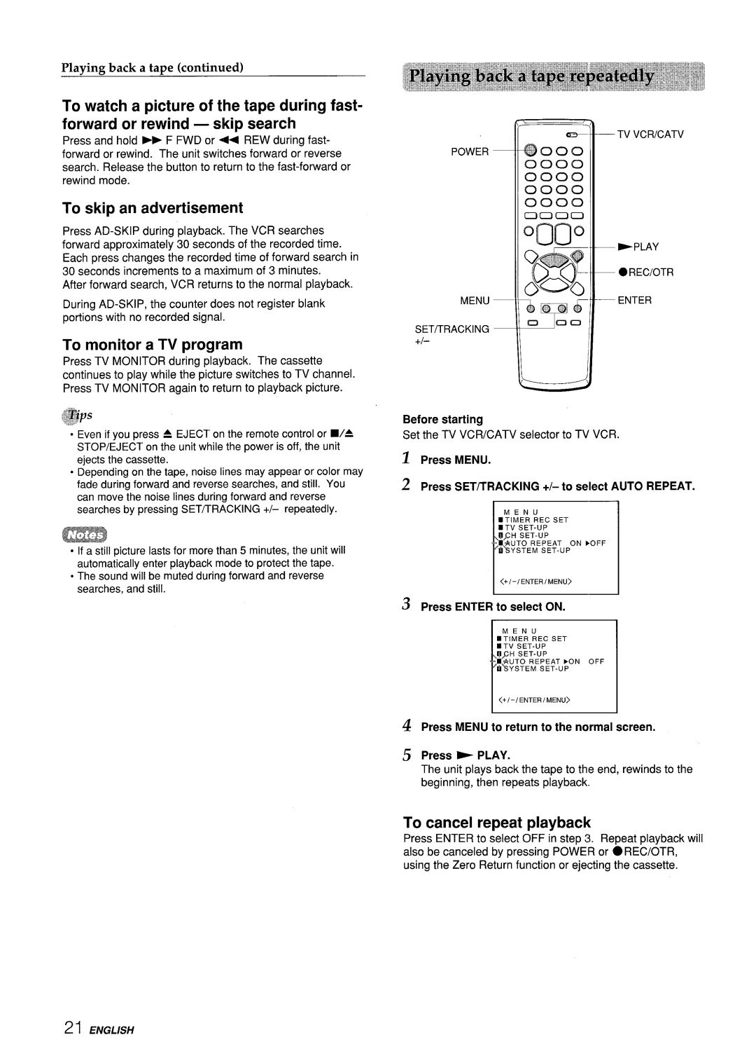 Aiwa VX-S135U, VX-S205U manual To skip an advertisement, To monitor a TV program, To cancel repeat playback 