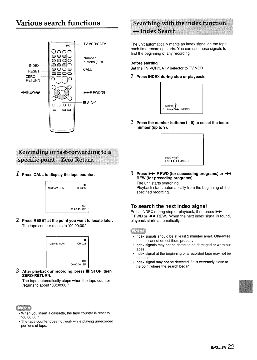 Aiwa VX-S205U manual Various search functions, To search the next index signal, Press Call to display the tape counter ===l 