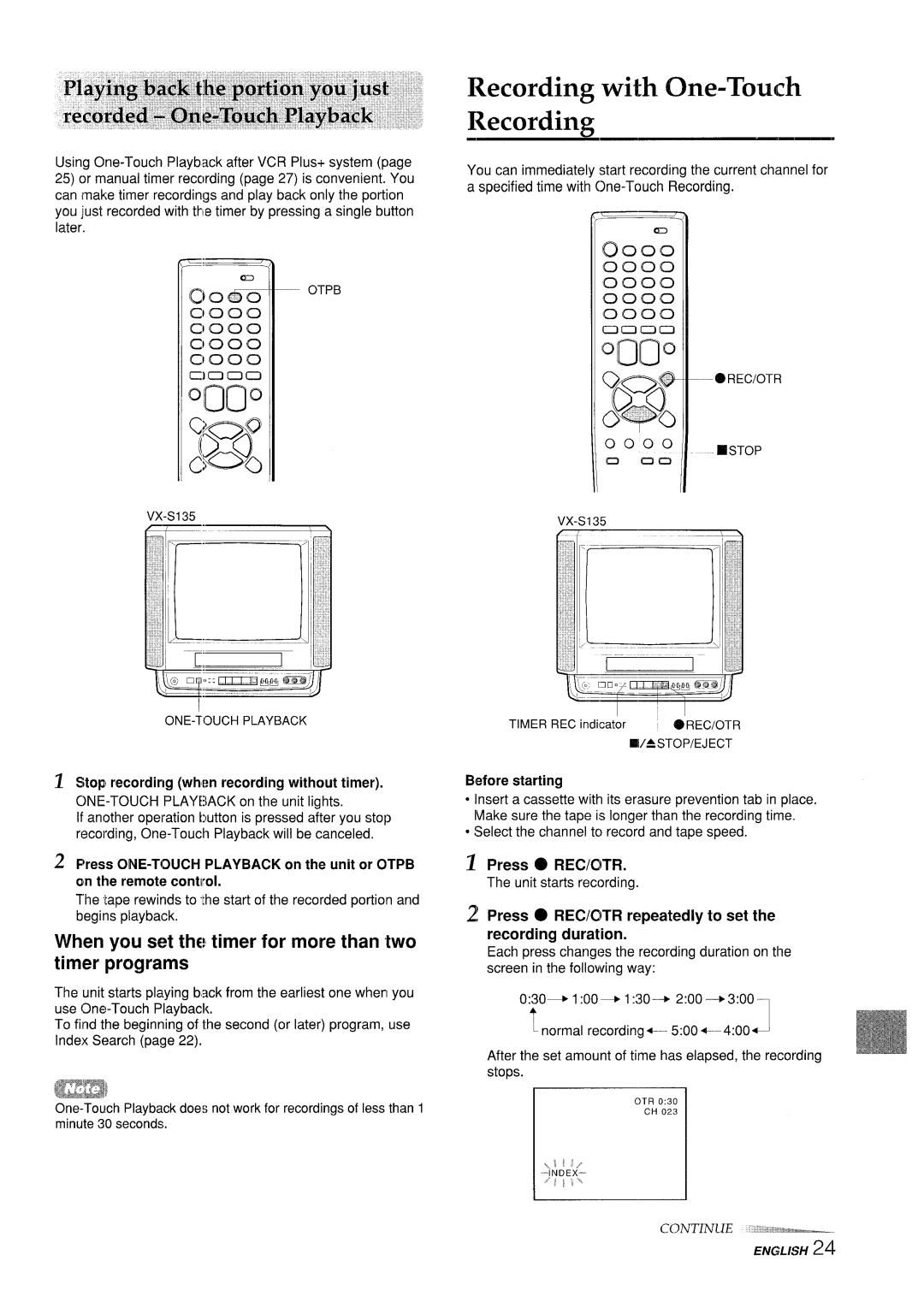 Aiwa VX-S205U manual Recording with One-Touch, When you set the timer for more than two timer programs, ~ Press O REC/CITR 