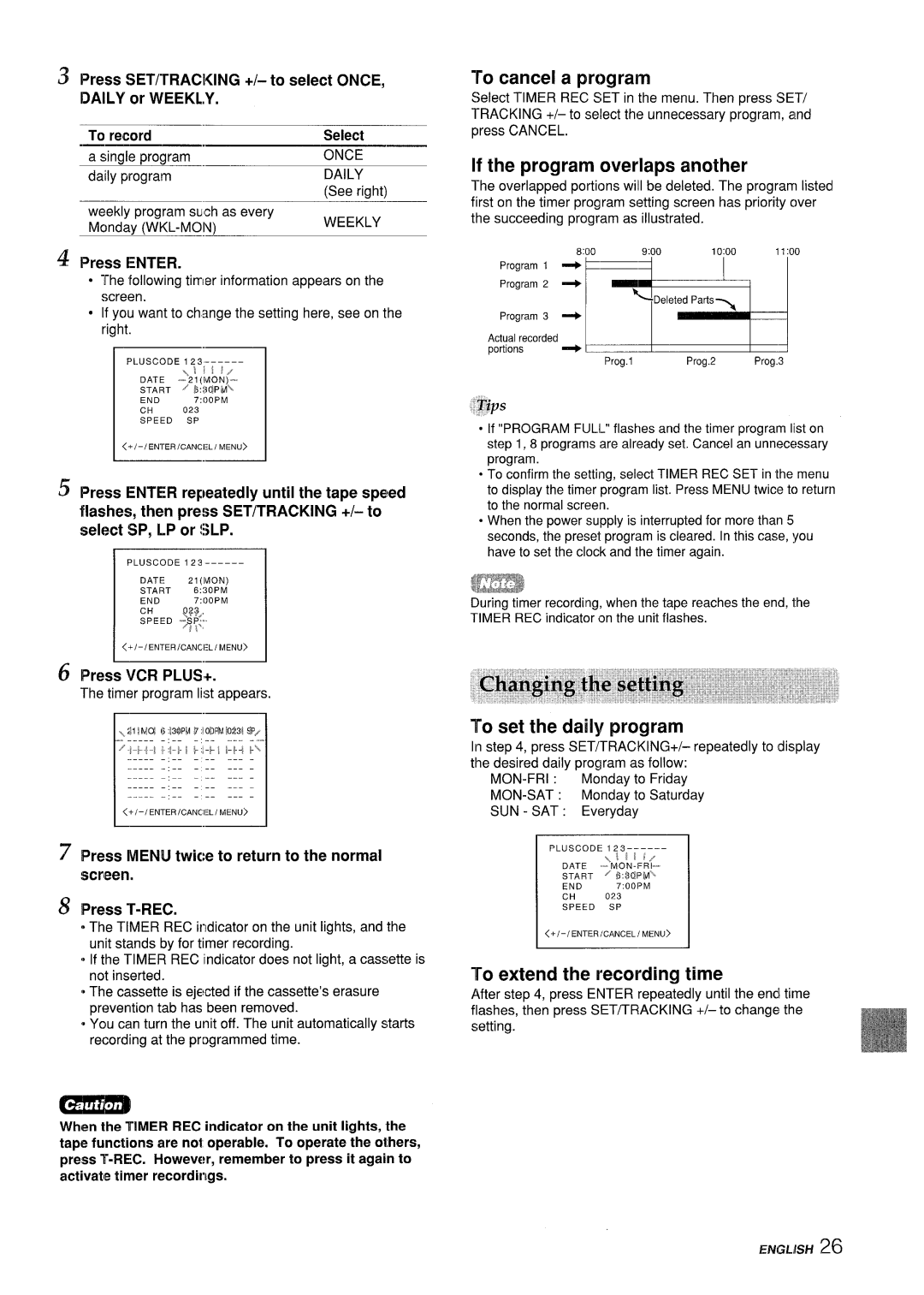 Aiwa VX-S205U To cancel a program, If the program overlaps another, To set the daily program, To extend the recording time 