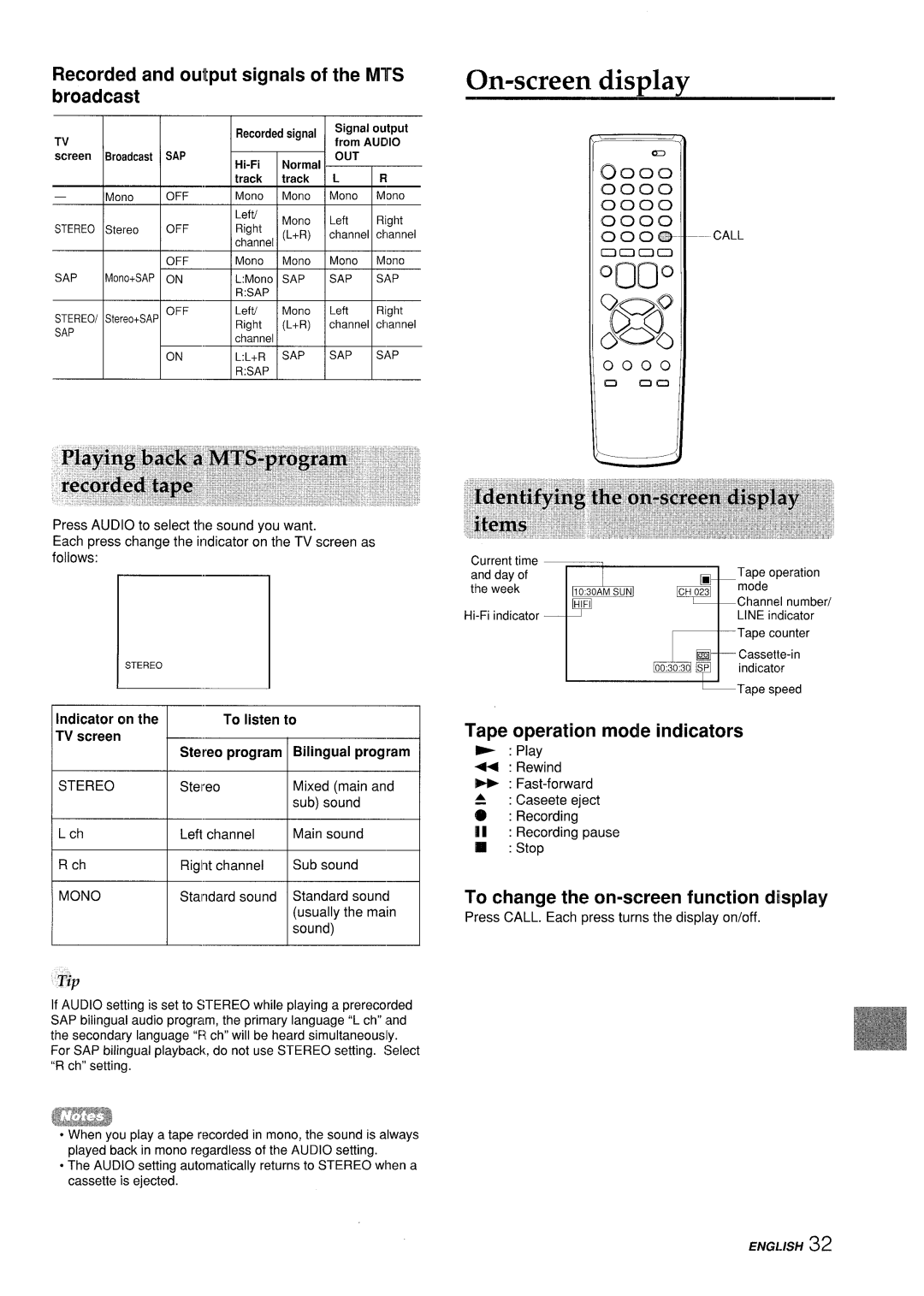 Aiwa VX-S205U On-screen displav, Recorded and output signals of the MTS broadcast, 0000, Tape operation mode indicators 