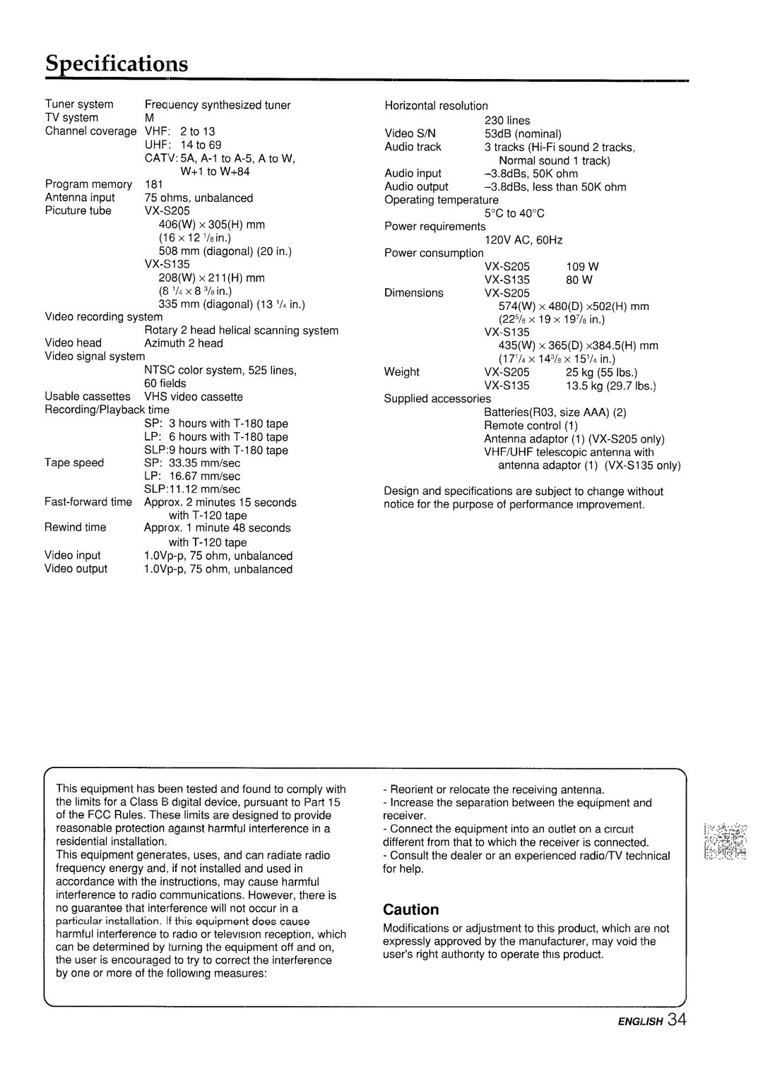 Aiwa VX-S205U, VX-S135U manual Specifications, Vhf Uhf, Sin, Vhf/Uhf 