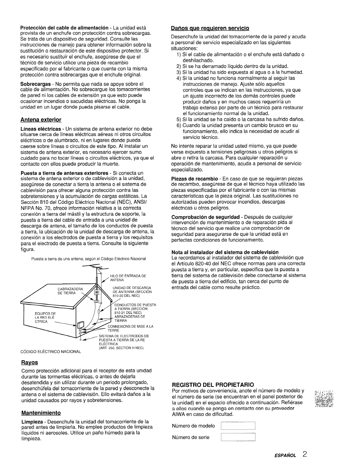 Aiwa VX-S205U, VX-S135U manual Antena exterior, Danos aue reauieren servicio, Mantenimiento 