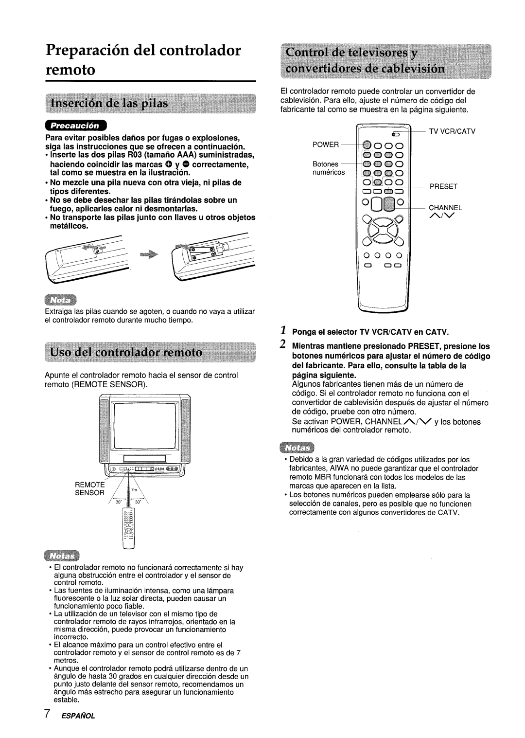 Aiwa VX-S135U, VX-S205U manual Preparaci6n del controlador Remoto, Remote Sensor, Botones numericos, Preset Channel 