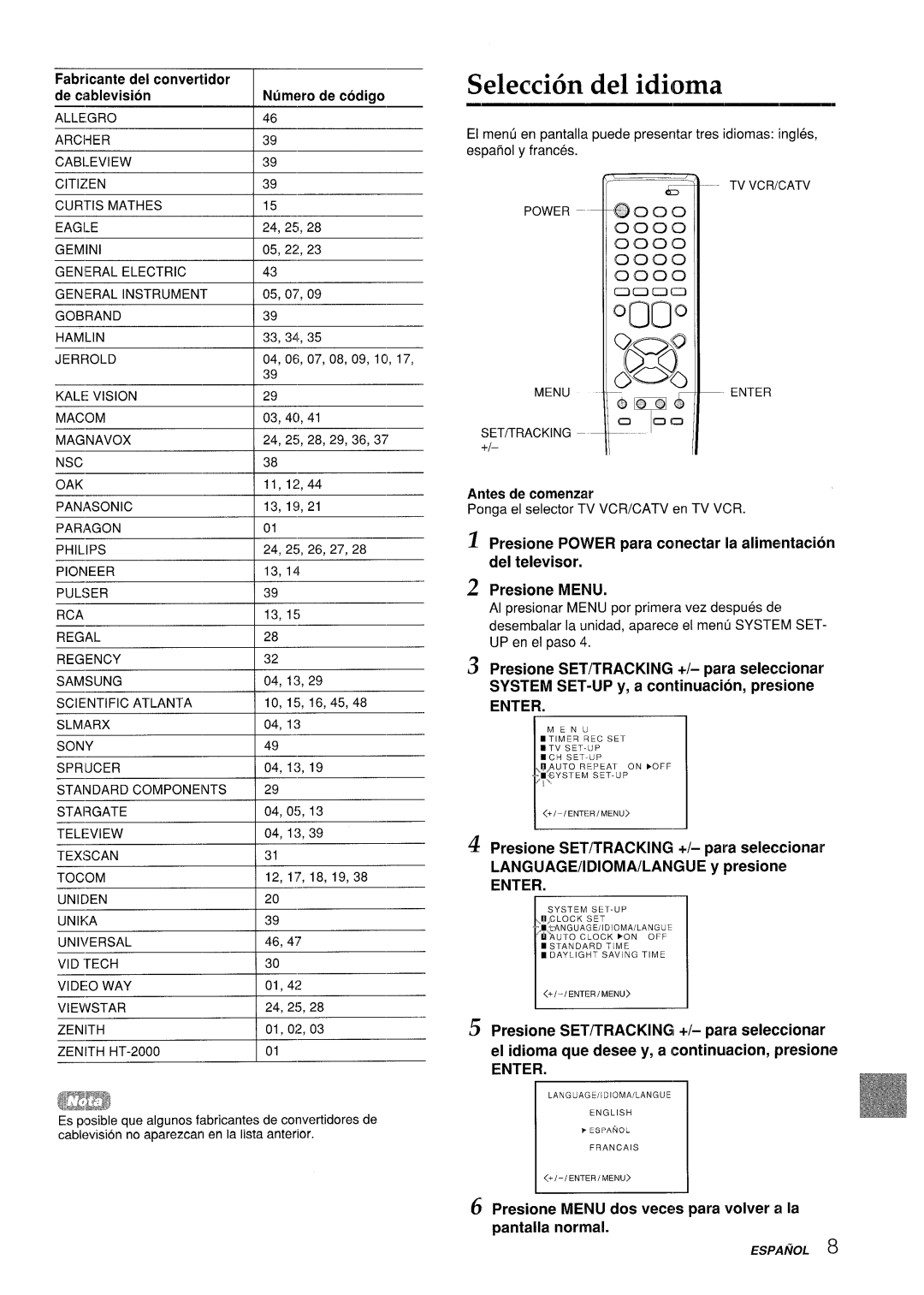 Aiwa VX-S205U Selecci6n del idioms, Presione Menu dos veces para volver a la pantalla normal, Fabricate del convertidor 